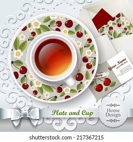 A cup of tea with envelope and creative business card template.Vector illustration. White mug and saucer with pattern.