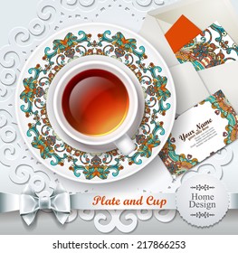 A cup of tea with envelope and creative business card template.Vector illustration. White mug and saucer with pattern.