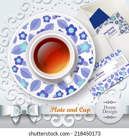 A cup of tea with envelope and creative business card template.Vector illustration. White mug and saucer with pattern.