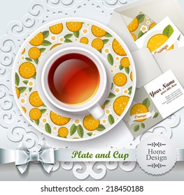 A cup of tea with envelope and creative business card template.Vector illustration. White mug and saucer with pattern.