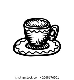 A cup for tea or espresso with a saucer. Ceramic tableware. Decoration element for holiday party. Hand drawn line vector illustration in doodle style.