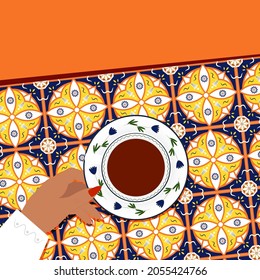 Cup of tea in female hand. Ornate tile table from top view. Mug in hand on the blue and yellow tile background. Fashionable vector illustration. Feminine lifestyle