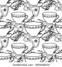 Taza de té fir forma de corazón de galleta de árbol de té patrón sin fisuras de invierno vacaciones dibujadas a mano elementos de diseño de arte de material gráfico vectorial para web, para impresión