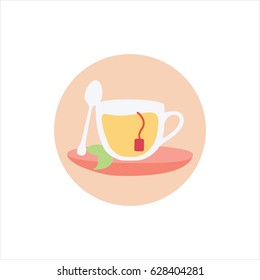 cup of tea flat design style simple with tea bag isolated vector modern on a saucer or plate & green mint leaf on lemon tee in a rounded circle illustration. one button for web. english tea in england