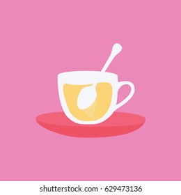 cup of tea flat design style with tea bag isolated vector on a saucer or plate with lemon tee illustration. english tea in england with spoon & sugar. sugary simple modern clean tea