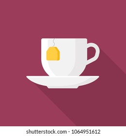Cup of tea flat icon with long shadow isolated on purple background. Simple cup in flat style, vector illustration for web and mobile design. Breakfast elements vector sign symbol.