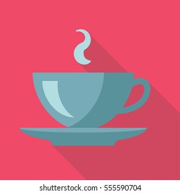 cup of tea flat style with long shadow isolated on pink background. breakfast elements vector sign symbol