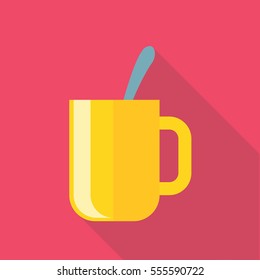 cup of tea flat style with long shadow isolated on pink background. breakfast elements vector sign symbol