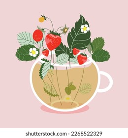 A cup of tea with flowers and berries. Fashionable hand drawn vector illustration of a cup filled with flowers and strawberries. Romantic spring isolated design for greeting card, web banner, post