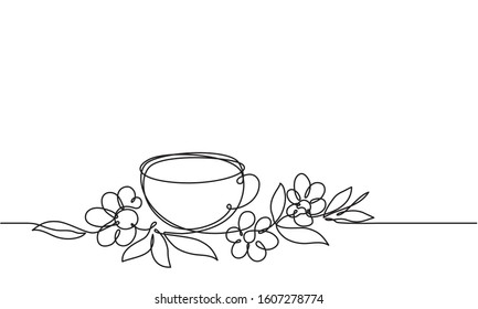 Cup Of Tea And Flowers. Continuous Line Drawing. Sketch. Herb Tea. Healing Drink
