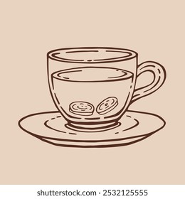 Taza de té con jengibre. Ilustración vectorial dibujada a mano en estilo de contorno.