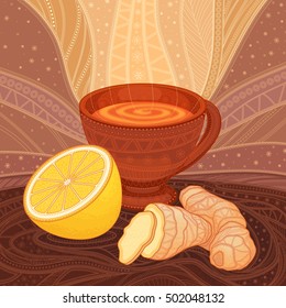 a cup of tea with ginger and lemon, decorative drawing with patterns on a dark brown background
