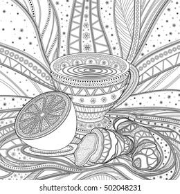 a cup of tea with ginger and lemon, decorative drawing with black and white patterns
