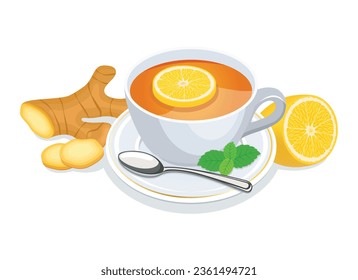 Cup of tea with ginger, lemon and mint leaf vector illustration. Ginger Tea healthy hot drink icon vector isolated on a white background. Winter vitamin drink still life. Herbal tea icon set