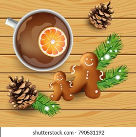Cup of tea with gingerbread cookies on wood texture. Vector winter background