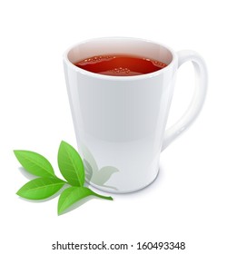 cup of tea with green tea leafs vector illustration isolated on white background EPS10. Transparent objects and opacity masks used for shadows and lights drawing