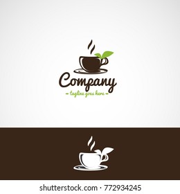 A cup of tea with green leaves on the saucer logo.