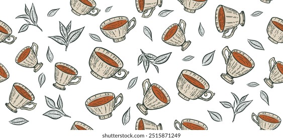 Cup of tea and Green leaves pattern, hand drawn illustrations