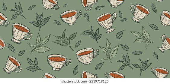 Taza de té y patrón de hojas verdes sobre fondo verde, ilustraciones dibujadas a mano	