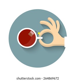 Cup of tea with hand in cartoon style. Vector EPS10