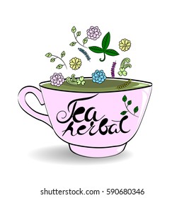 Cup of tea and hand drawn lettering "herbal tea" on white backdrop. Vector doodle illustration