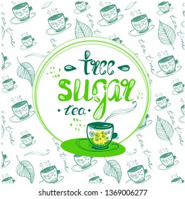 Cup of tea,  a hand drawn tea pair, tea leaves, cubes on a white background. Vector illustration