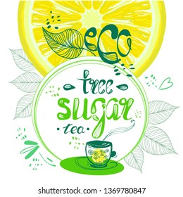 Cup of tea,  a hand drawn tea pair, tea leaves, cubes on a round background. Vector illustration