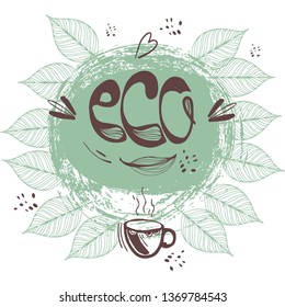 Cup of tea,  a hand drawn tea pair, tea leaves, cubes on a white background. eco food sticker.Vector illustration