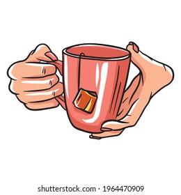 Cup with tea in hand. A fragrant cup of tea for breakfast. A restaurant. Cartoon style. Isolated vector illustration for design and decoration.
