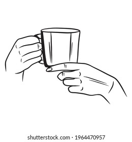 Cup with tea in hand. A fragrant cup of tea for breakfast. A restaurant. Cartoon style. Isolated vector illustration for design and decoration.
