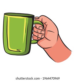 Cup with tea in hand. A fragrant cup of tea for breakfast. A restaurant. Cartoon style. Isolated vector illustration for design and decoration.