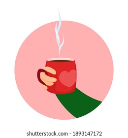 Cup of tea in hand. Mug with heart  in pink colors. Round icon for cafe in Valentines day.