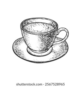 Cup of Tea Hand-Drawn Vector, Graphic Style, Cartoon Illustration, Black and White, Sketch Style, Isolated on White Background