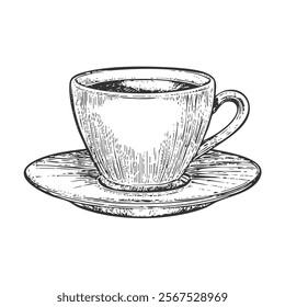 Cup of Tea Hand-Drawn Vector, Graphic Style, Cartoon Illustration, Black and White, Sketch Style, Isolated on White Background