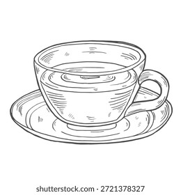 Tasse Tee, handgezeichneter Vektor, Grafikstil, Cartoon-Illustration, Schwarz-Weiß, Skizzenstil, einzeln auf weißem Hintergrund