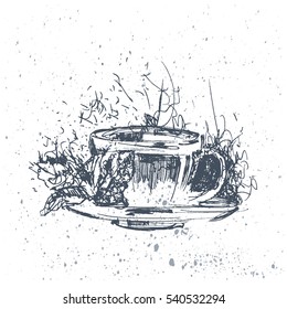 A cup of tea.  Handmade. Illustration. On a white background
