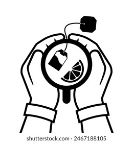 Cup of tea in the hands of a human. Brewed bag tea with lemon. Man warming hands touching a hot cup of tea. Time relax. Vector illustration flat design. Isolated in the background.