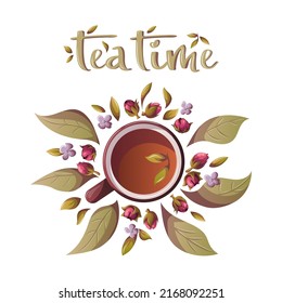 Cup of tea and handwritten lettering. Tea lover, tea shop, cafe-bar menu, teatime concept. Square vector illustration for poster, banner, cover, postcard, card.
