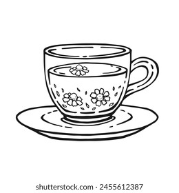 Taza de té con té saludable, manzanilla. Ilustración vectorial dibujada a mano en estilo de contorno.