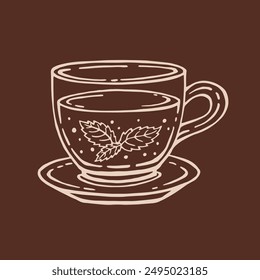 Cup of tea with healthy green tea, mint leaves. Hand drawn vector illustration in outline style.