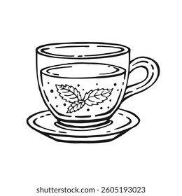 Cup of tea with healthy green tea, mint leaves. Hand drawn vector illustration in outline style.