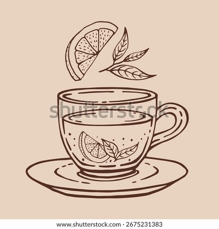 Cup of tea with healthy tea, lemon slices, tea leaves. Hand drawn vector illustration in outline style.