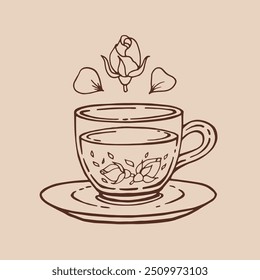 Cup of tea with healthy tea, rose. Hand drawn vector illustration in outline style.