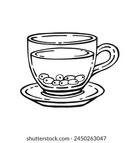 Cup of tea with healthy tea, sea buckthorn. Hand drawn vector illustration in outline style.