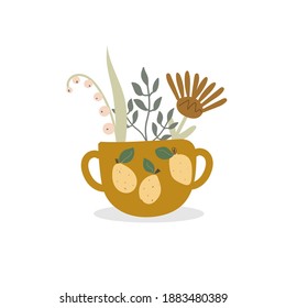 
A cup of tea with herbs, flowers and lemons in a flat style. print for the design of postcards, spring brochures, invitations, posters