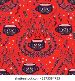 Cup of tea and herbs, Scandinavian, rustic motif. Vector seamless pattern	
