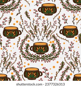 Cup of tea and herbs, Scandinavian, rustic motif. Vector seamless pattern
