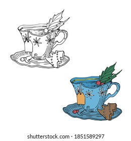 Cup of tea, herringbone cookie, holly vector illustration in color and outline sketch style