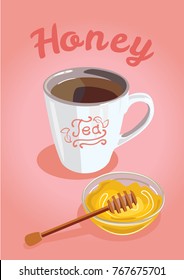 Cup of tea with honey on pink background. Vector illustration.
