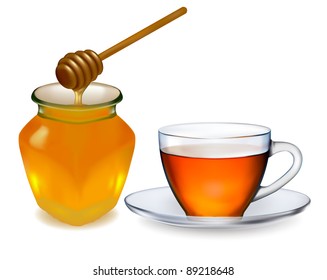 Cup of tea with honey. vector illustration.